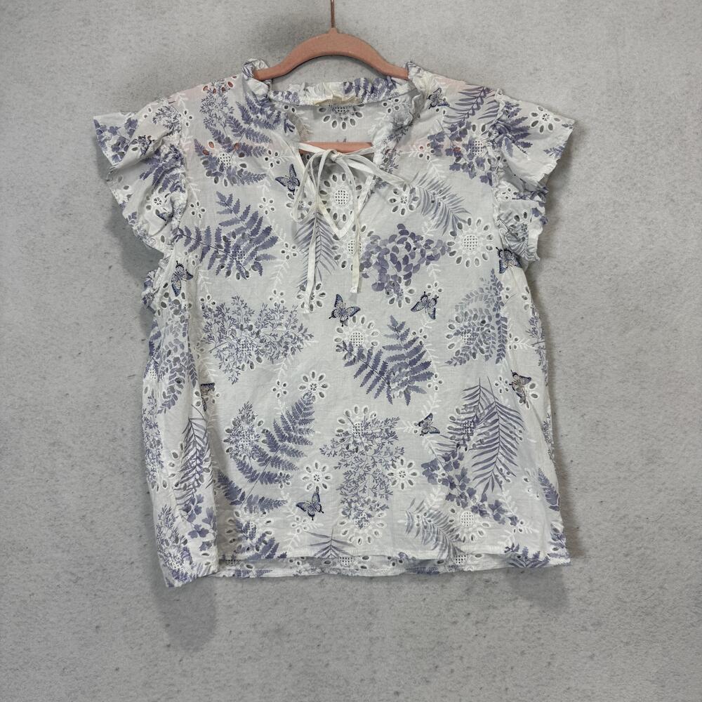 Solitaire Blouse Womens Large White Floral Butterfly Eyelet Flutter Sleeve Top